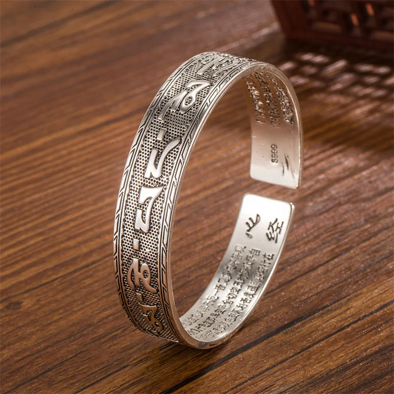 

Carved Sanskrit Proverbs Bangles Men Jewelry Retro Buddhist Heart Sutra Silver Plated Bangle Women Six-Character Mantra Bracelet