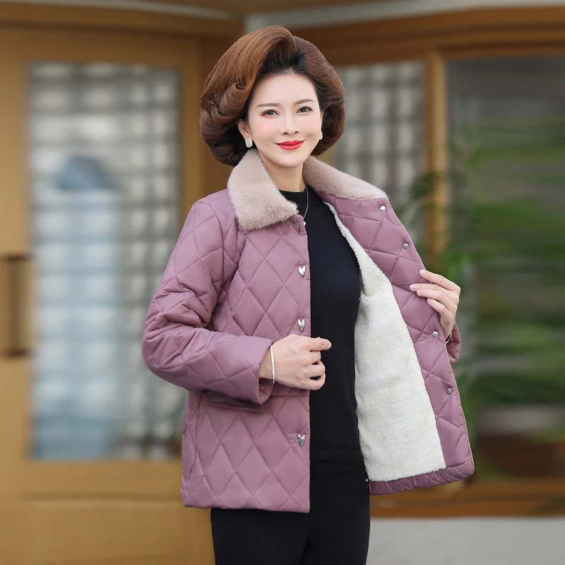 

Autumn winter quilted jacket Warm Lambswool lapel Parkas Middle age women Padded Fleece Tops Mother Light And Slim Cotton Coat