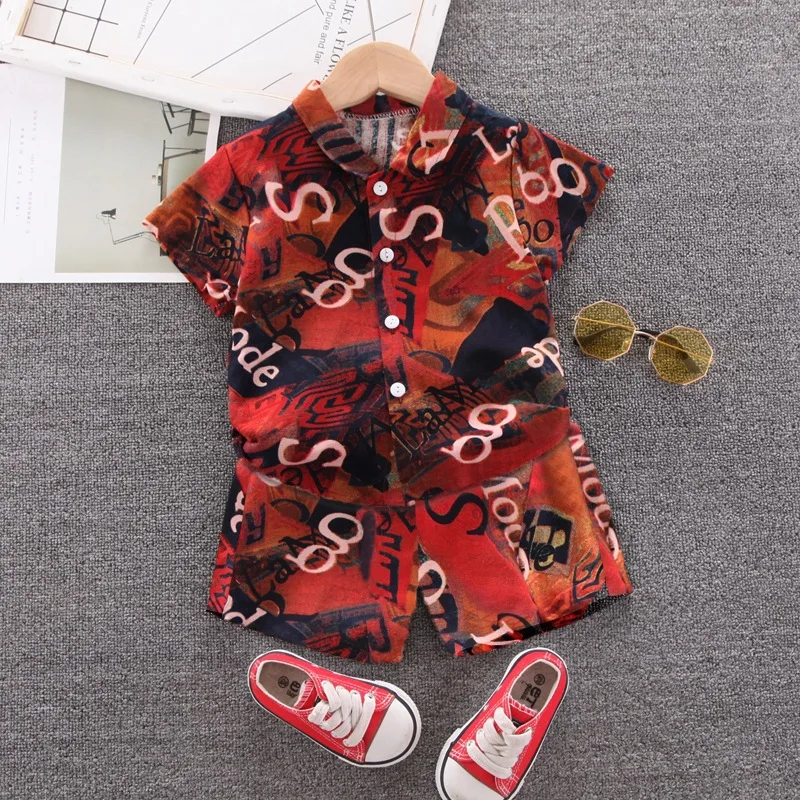 

2023 New Children's Clothing Boys and Girls Summer Short Sleeve Shirts and Shorts Set Beach Two Piece Set