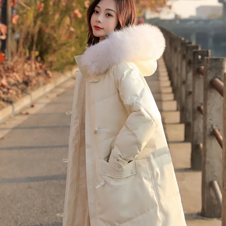 Down Jacket for Autumn/Winter 2022 Women's Fashion Medium Length Loose and Thickened Horn Buckle Over The Knee White Eiderdown