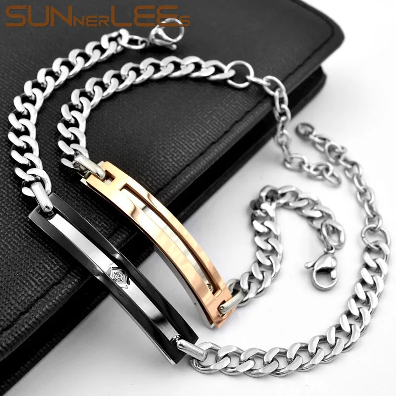 

Браслет из нержавеющей стали SUNNERLEES SCB24 для мужчин и женщин, браслет с шармами в виде черной розы, с кубическим цирконием, подарок на день Свят...