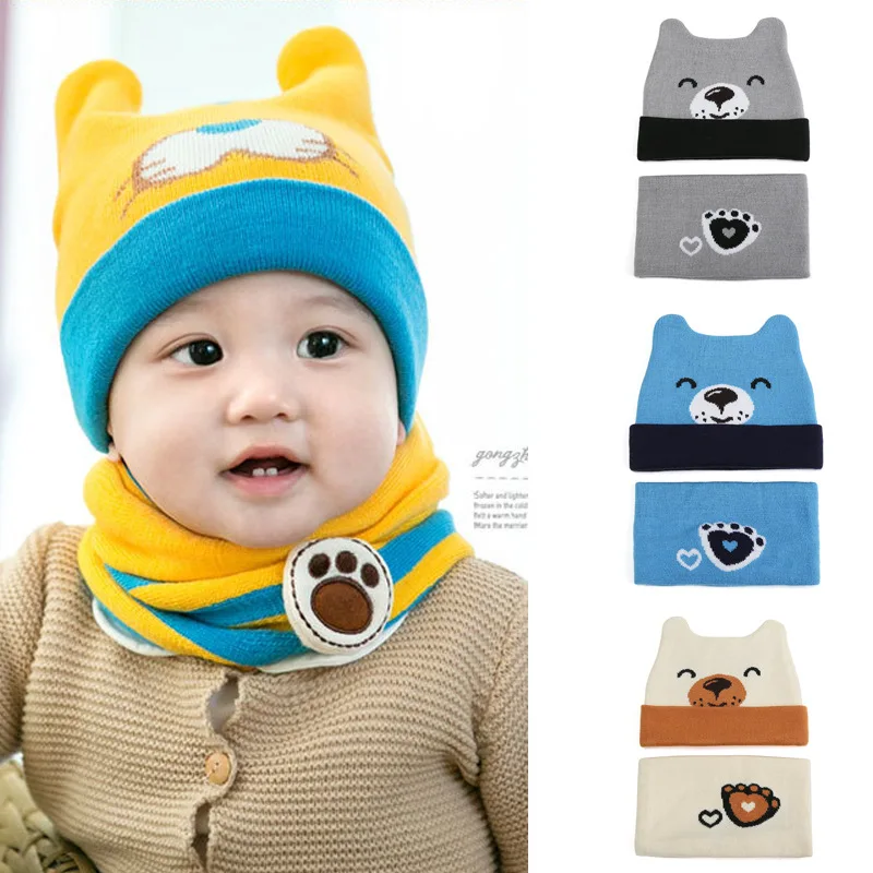 Knit Beanie Cap for Baby, Autumn Warm Kids Girl Boy Ear Hat+Scarf for Babies 0-36 Month