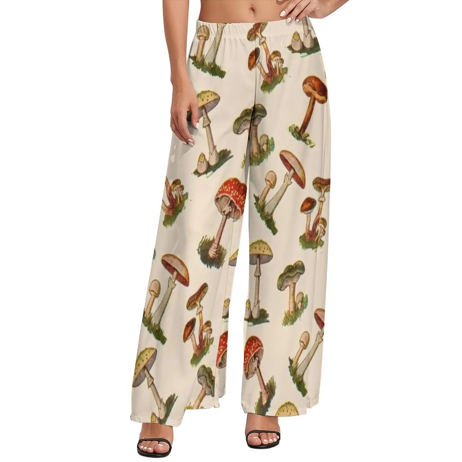 

Брюки с завышенной талией женские, вегетарианские повседневные широкие брюки в стиле ретро с принтом грибов, пляжные прямые штаны, большие ...
