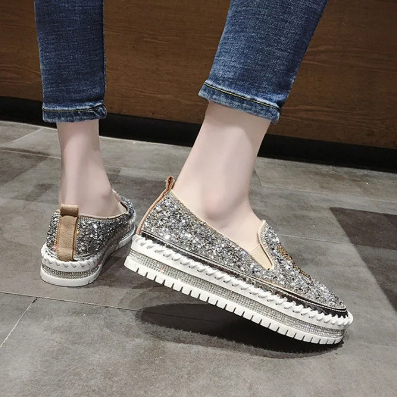 Autumn Women Thick Bottom Sneaker Running Fashion Designer Woman Shoes Trend 2023 Casual Canvas Mirror Luxury Rhinestone Spring