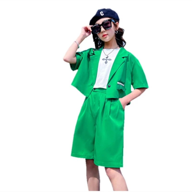 

Girls Fashion Suit Summer New Kids Western-style Small Suit Short Sleeve Shorts 2-Piece Teen Kids Clothing 12 13 14 Years Old
