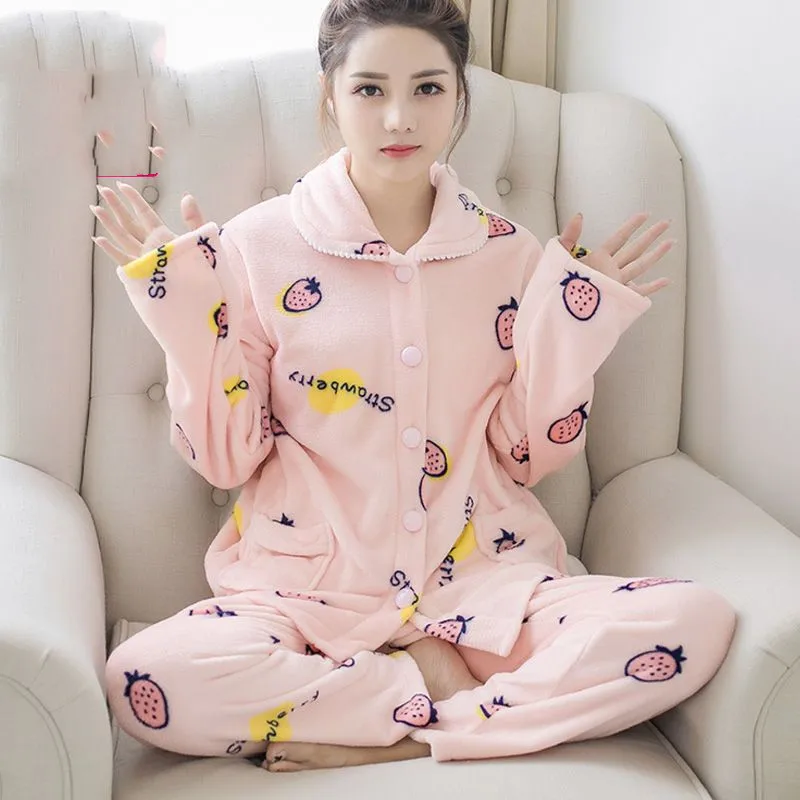 Cute Pajamas Set Casual Sleepwear For Women Warm Full Cartoon Pattern Pyjama Women's Flannel Winter Fashion Soft Homewear
