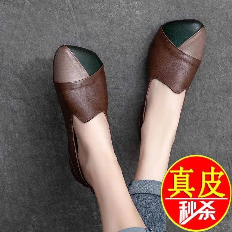 

2022 New Handmade Colorblock Women's Genuine Leather Shoes Retro Ethnic Style Square Head Pumps Women's Comfortable Soft Bottom