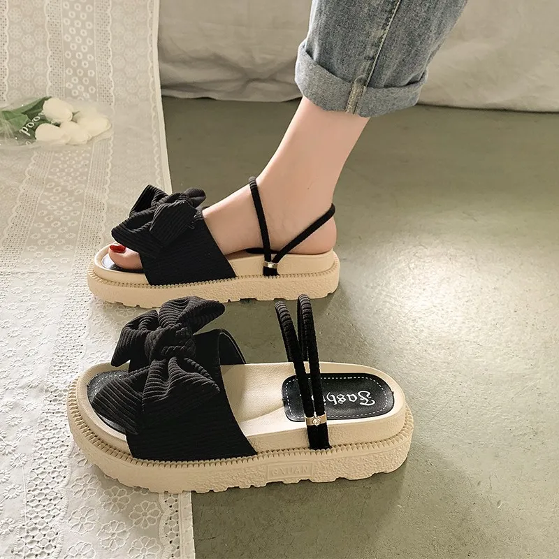 

2022 New Style Fairy Style Lady Summer Slippers Thick Platform Flat Sandals with Butterfly-Knot Summer Flip Flops Sandals Women