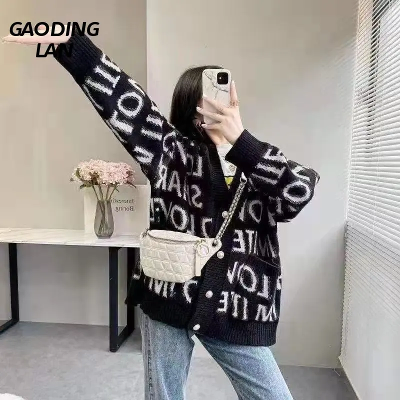 

Женский вязаный кардиган с длинным рукавом, свободный однобортный жакет большого размера с буквенным принтом, корейский свитер с V-образным...