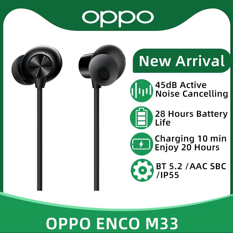 

OPPO Enco M33 Wireless Earphone 45dB Active Noise Cancelling Wireless Bluetooth 5.2 Headphone 28 Hours Battery Life IP55
