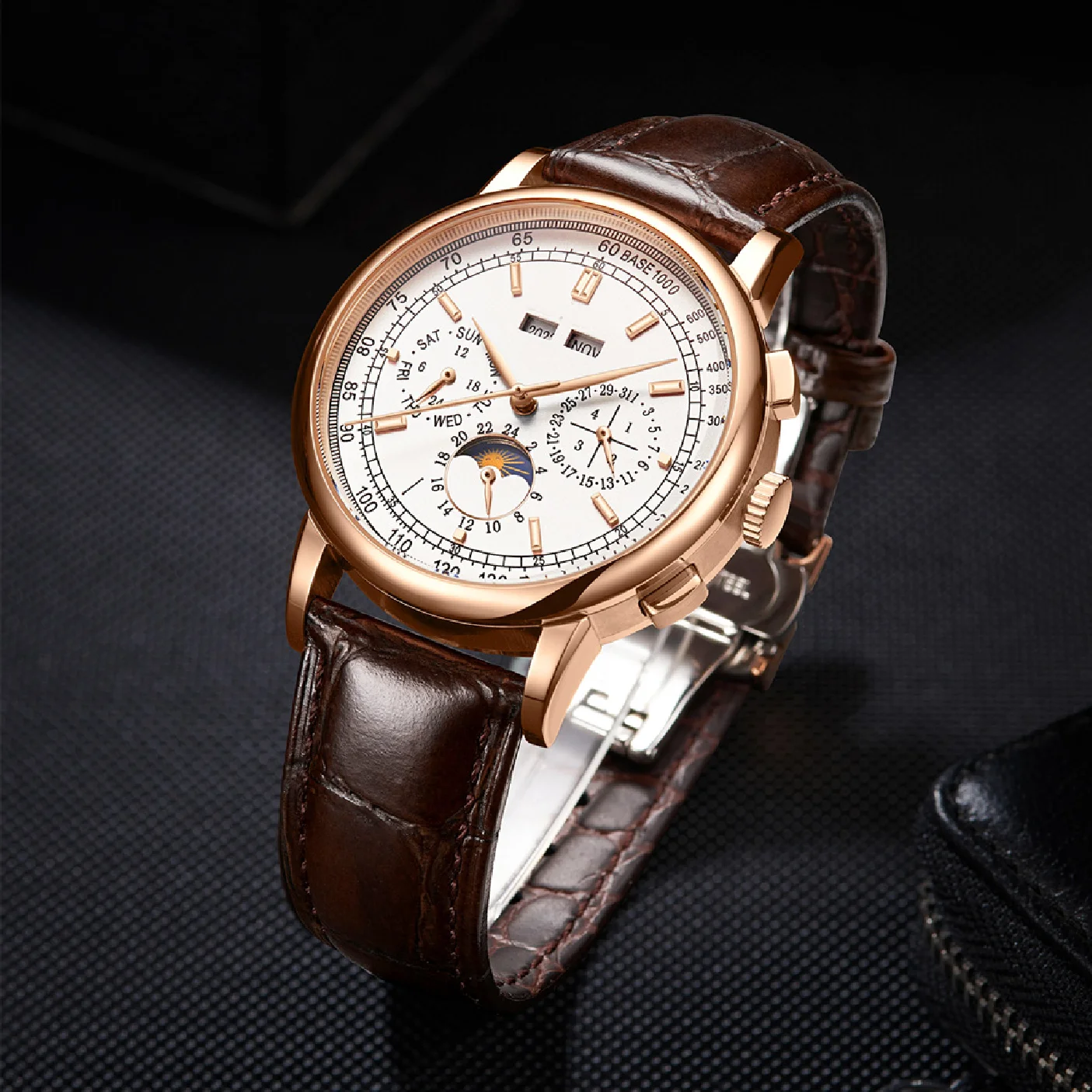 

Corgeut Automatic Watch Luxury Sterile Dial Mens Watches Moon Phase Multifunction Year Day Week Leather Sport Relogio Masculino