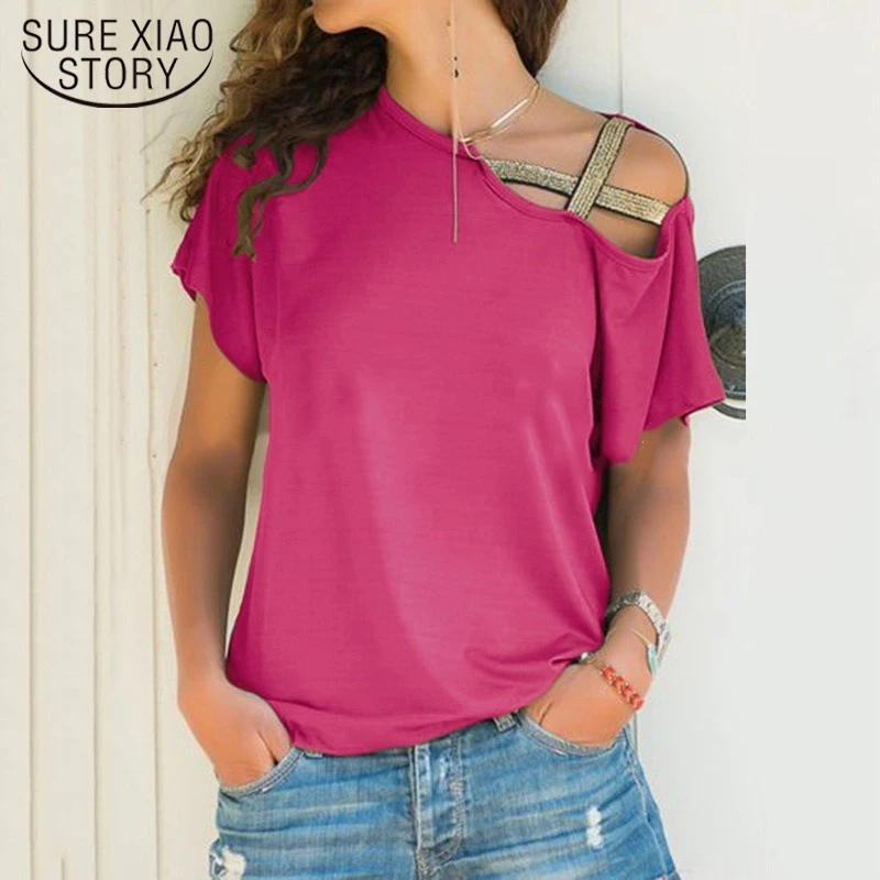 

Новинка лета, Повседневная футболка в европейском и американском стиле с наклонными плечами и перекрестными вставками, необычная женская б...