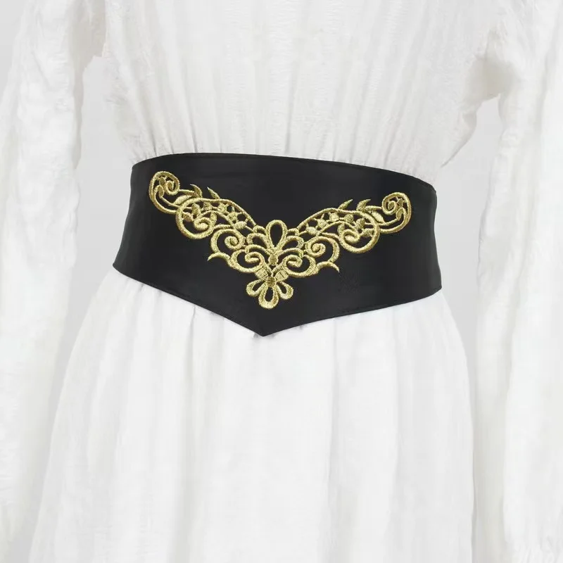 Chinese Style Embroidered Pattern Belt Gold Flower Embroidery Wide Waist Chain Material Dress Decoration
