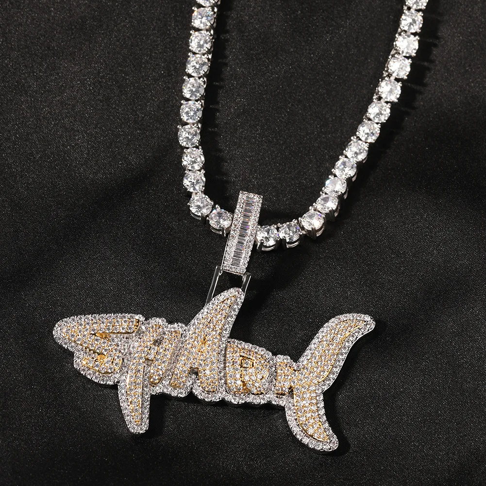 

Hip Hop Micro Paved Cubic Zirconia Necklace Iced Out Bling Letters Shark Pendants Necklaces for Men Rapper Gold Color Jewelry