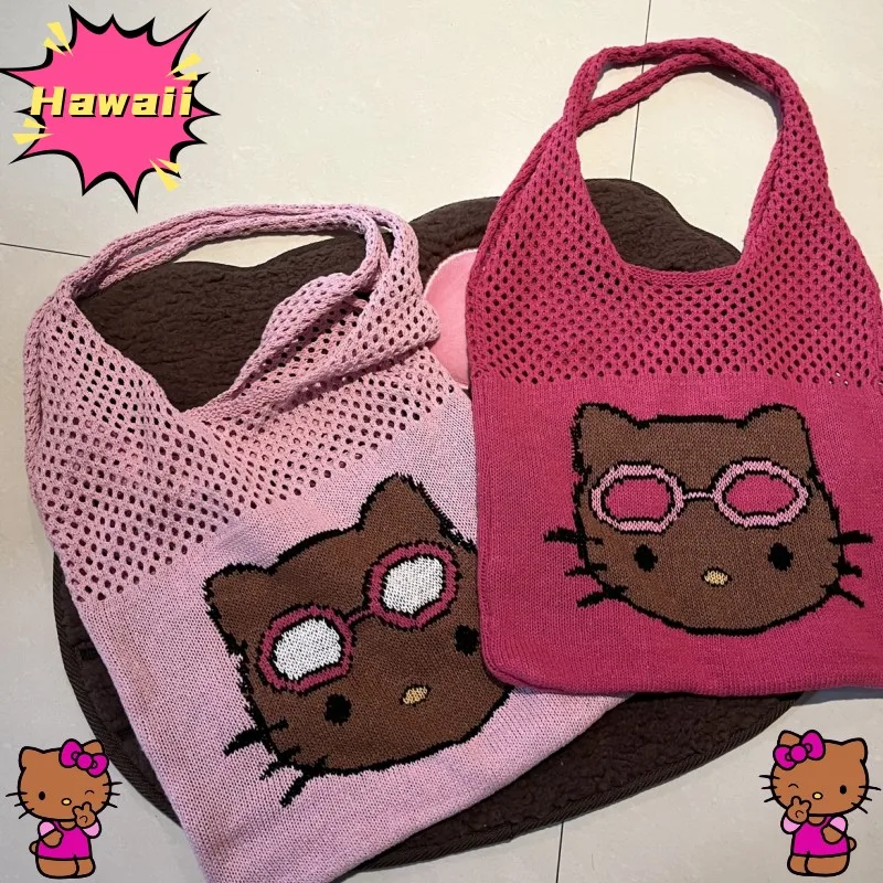 

Balck Skin Sunglasses Hellokitty Hawaii Anime Large Capacity Knitted Bag Kawaii Y2K Girls Handbag Cartoon Sundries Storage Bags