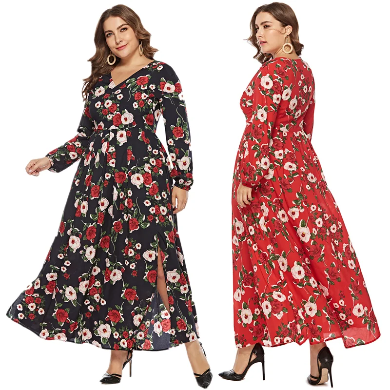 

2021 New Plus Size floral Women XL-6XL Dresses V neck skirts