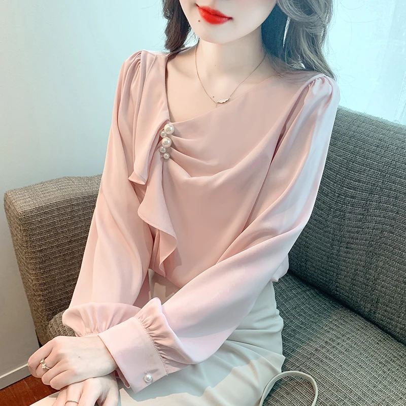 

Chiffon Women's Shirt Summer 2023 New Solid Blouses Ruffles Slim Casual Long Sleeve Top V-neck Beaded Ladies Clothing YCMYUNYAN