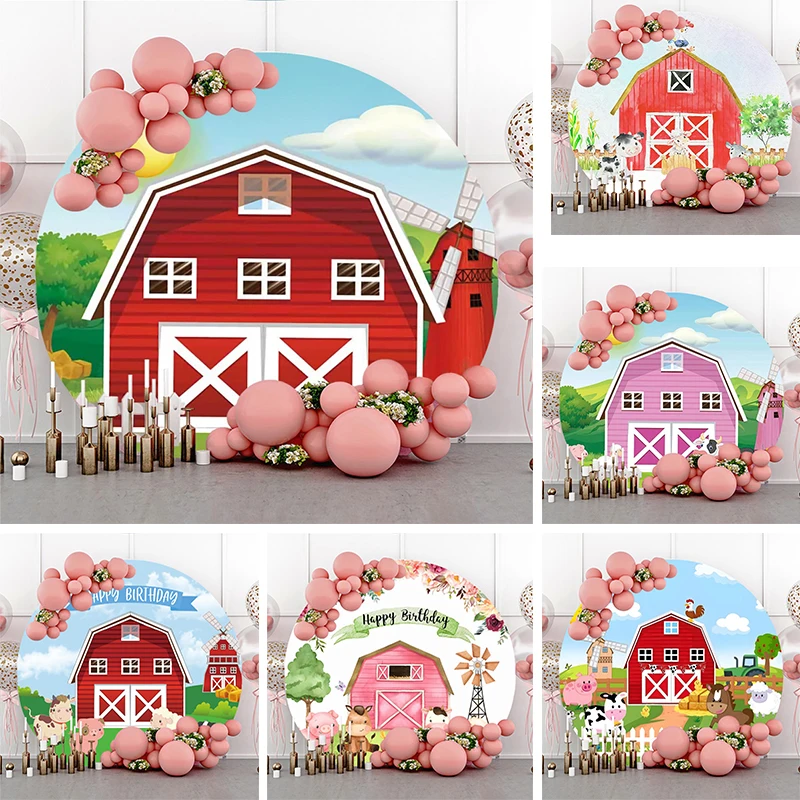 

Red Barn Round Backdrop Farm Theme Birthday Party Decoration Pink Barn Backdrop Circle Cover Wooden Door Photography Background