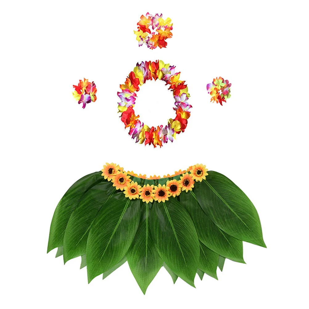 

5pcs Thicken Hula Skirt Hawaiian Costume Set with Green Leaves Leis Bracelets Headband Luau Party Favors for Beach Luau Party
