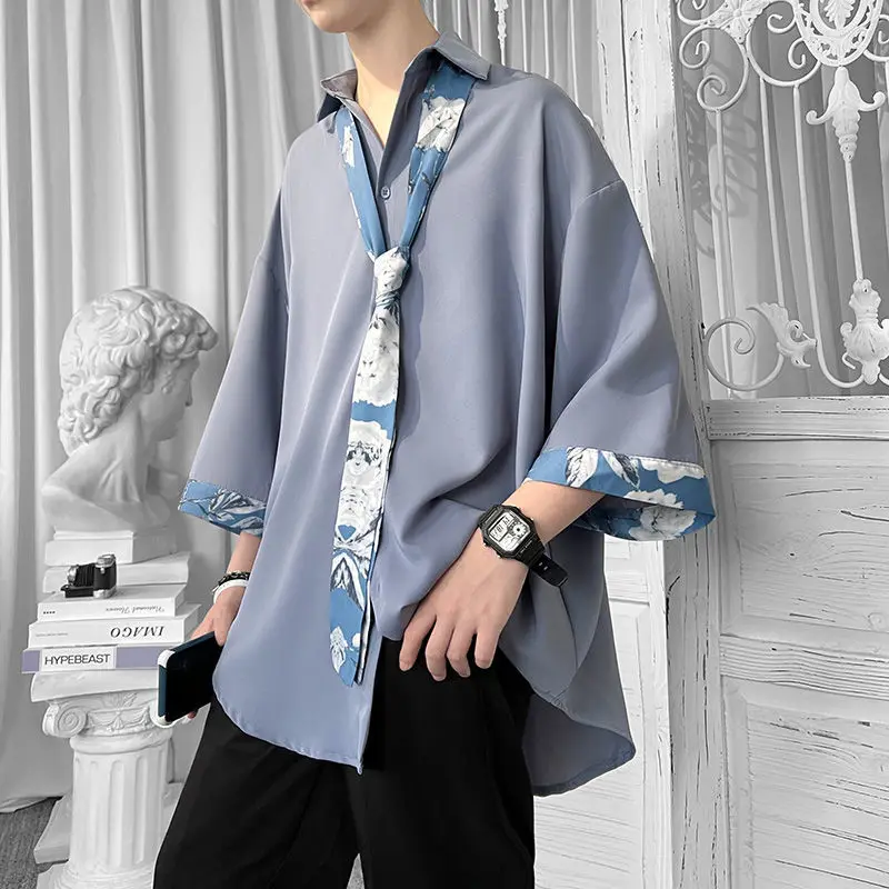 EOENKKY/Half Sleeve Men Solid Shirts Summer Casual Oversize Blouses Dark Green Fashion Male Cardigan Vintage Korean Clothing