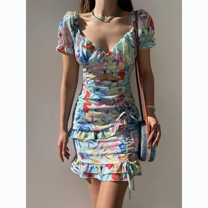 

YEMOGGY Elegant Floral Dresses Women Summer Dress 2022 New V Neck Zip Hollow Out Drawstring Mini Short Sleeve Ruffles Sexy Dress