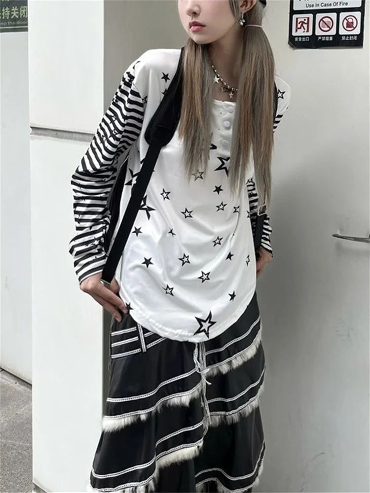 

QWEEK Harajuku Star Long Sleeve T-Shirt Women Y2K Vintage Striped Print Pullover White Tees Japanese Style Subculture Sweatshirt