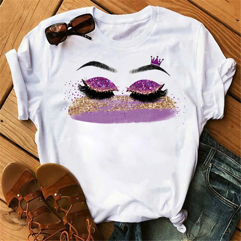 Купи Eyes Eyelashes Colorful Print Women T Shirt Short Sleeve O Neck Loose Women Tshirt Ladies Tee Shirt Tops Clothes Camisetas Mujer за 74 рублей в магазине AliExpress