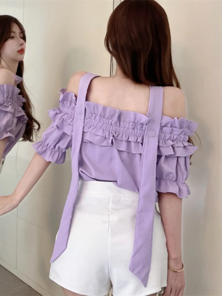 

Gaganight Women Solid Color One shoulder Hanging Neck Top 2022 Summer New Sweet Sexy Chic Short sleeved Shirt Women's Clothing