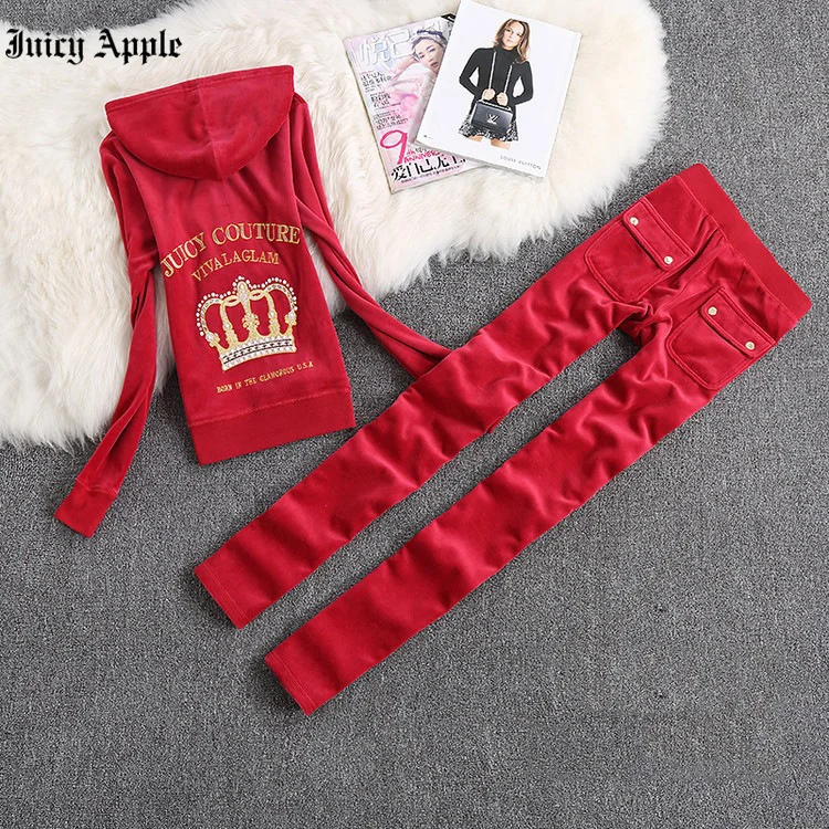 Juicy Apple Tracksuit Women Two Piece Sets New Loose Pockets Zipper Hoodies Office Lady Casual Running Sports Pants Female Sets