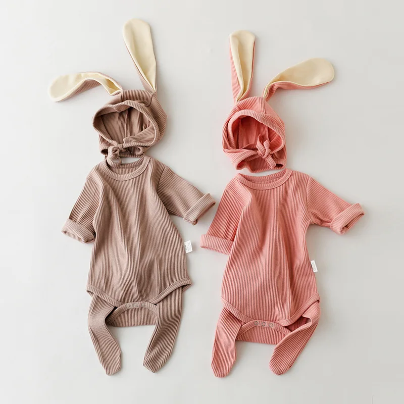 3pcs Baby Romper Set with Socks Hat Rabbit Big Ear Cartoon Spring Infant Clothing Suit Autumn Long Sleeve Baby Climbing Clothes