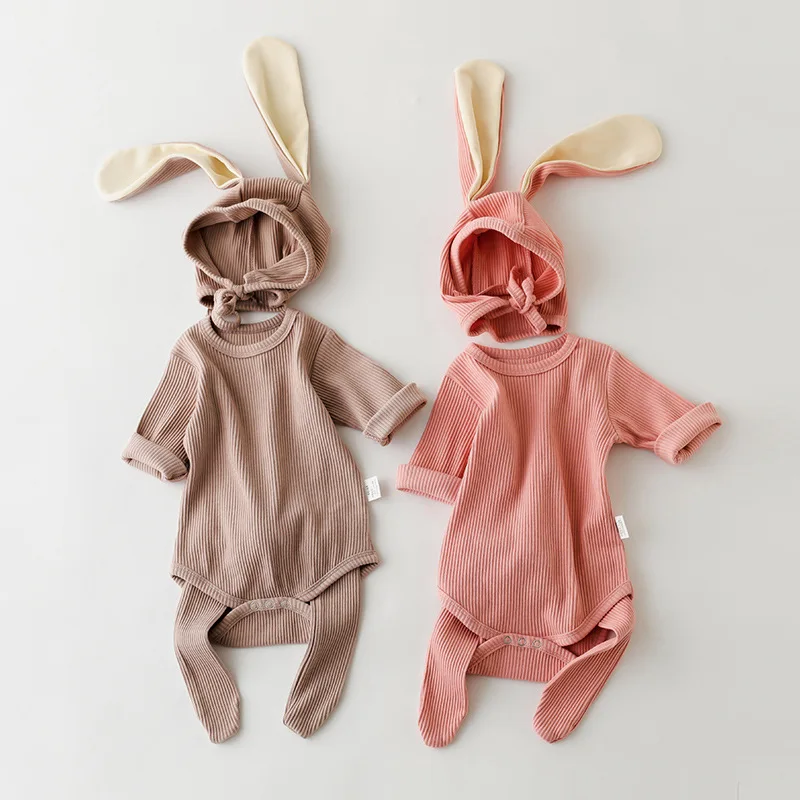 

3pcs Baby Romper Set with Socks Hat Rabbit Big Ear Cartoon Spring Infant Clothing Suit Autumn Long Sleeve Baby Climbing Clothes