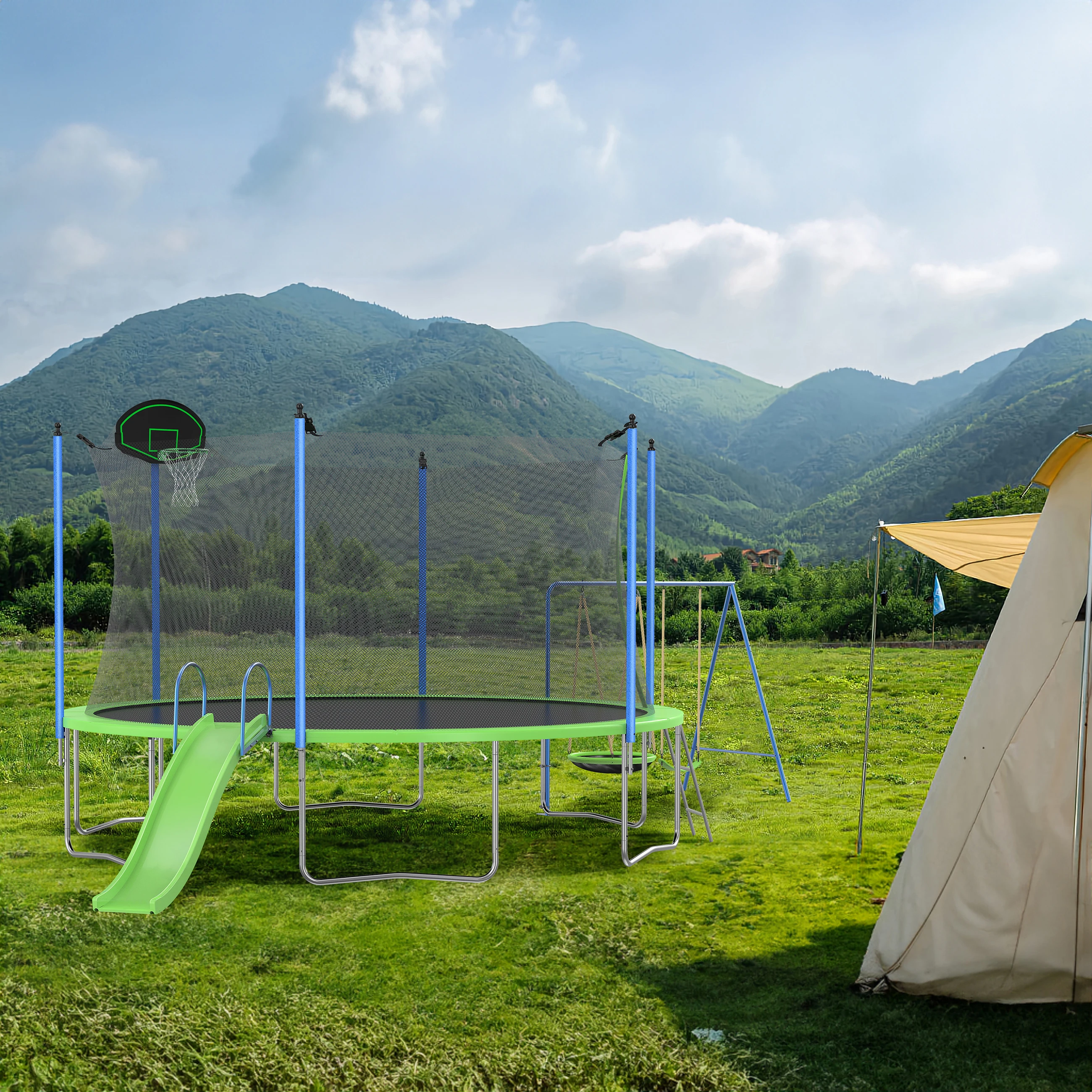 

14FT батут с горкой и качели, одобренный ASTM, большой батут для отдыха с Баскетбольным обручем и лестницей, открытый батут