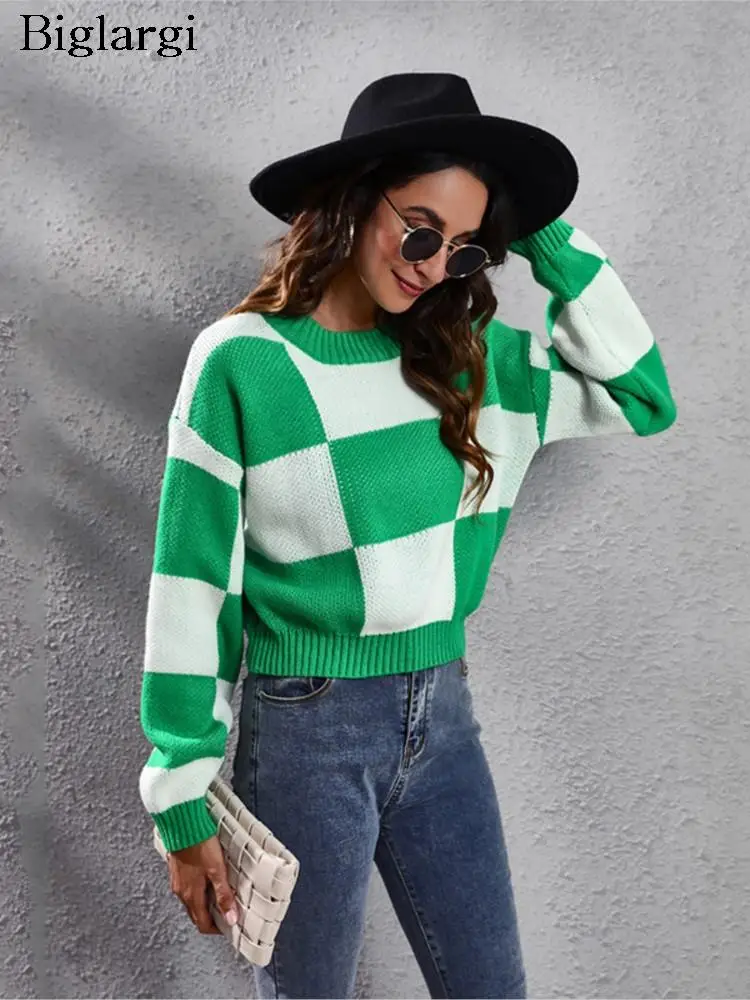 

Knitted Autumn Pullover Sweater Women Long Sleeve Plaid Print Ladies Cropped Tops Loose Casual Fashion Woman Sweater 2023