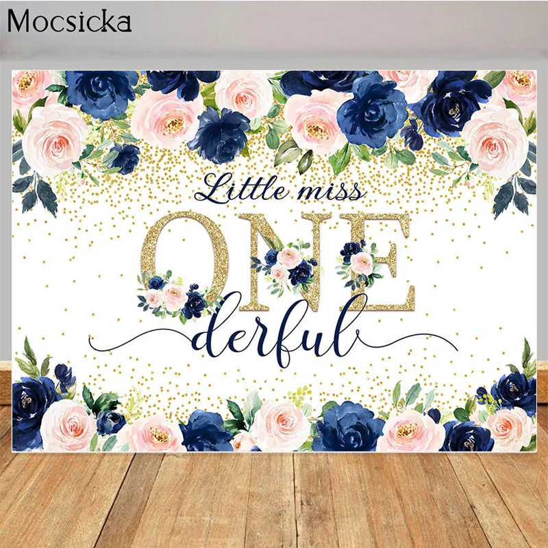 Красивый фон Miss Onederful с голубыми и розовыми цветами, фон для фотосъемки на 1-й день рождения, украшение торта, стола, баннер, реквизит для фотосъемки