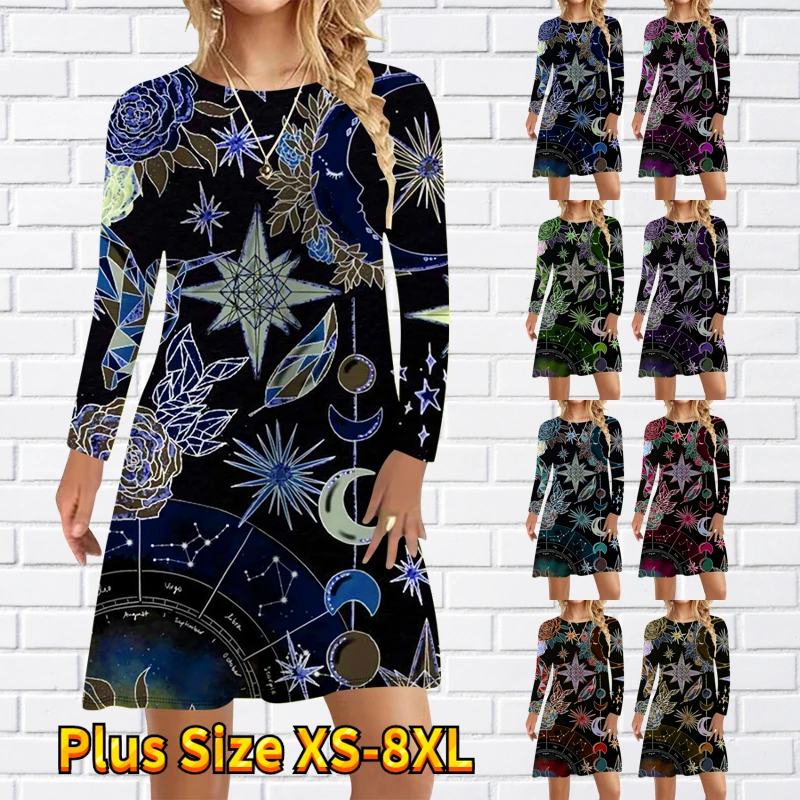 

2022 New Autumn Winter New Design Printing Dress Fashion Loose Knee-length Skirt Women Round Neck Simple Style Long Sleeve Skirt