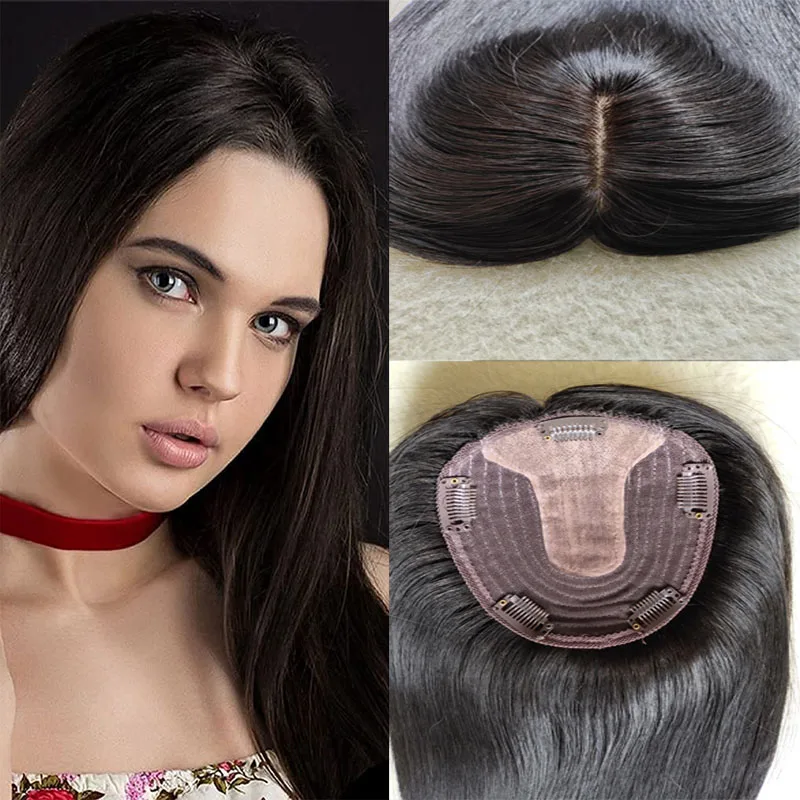Soft 12 Inch Real Remy Human Hair Topper Middle Part Machine Silk Base Toupee Clips Hairpiece Toupee Hair Extension