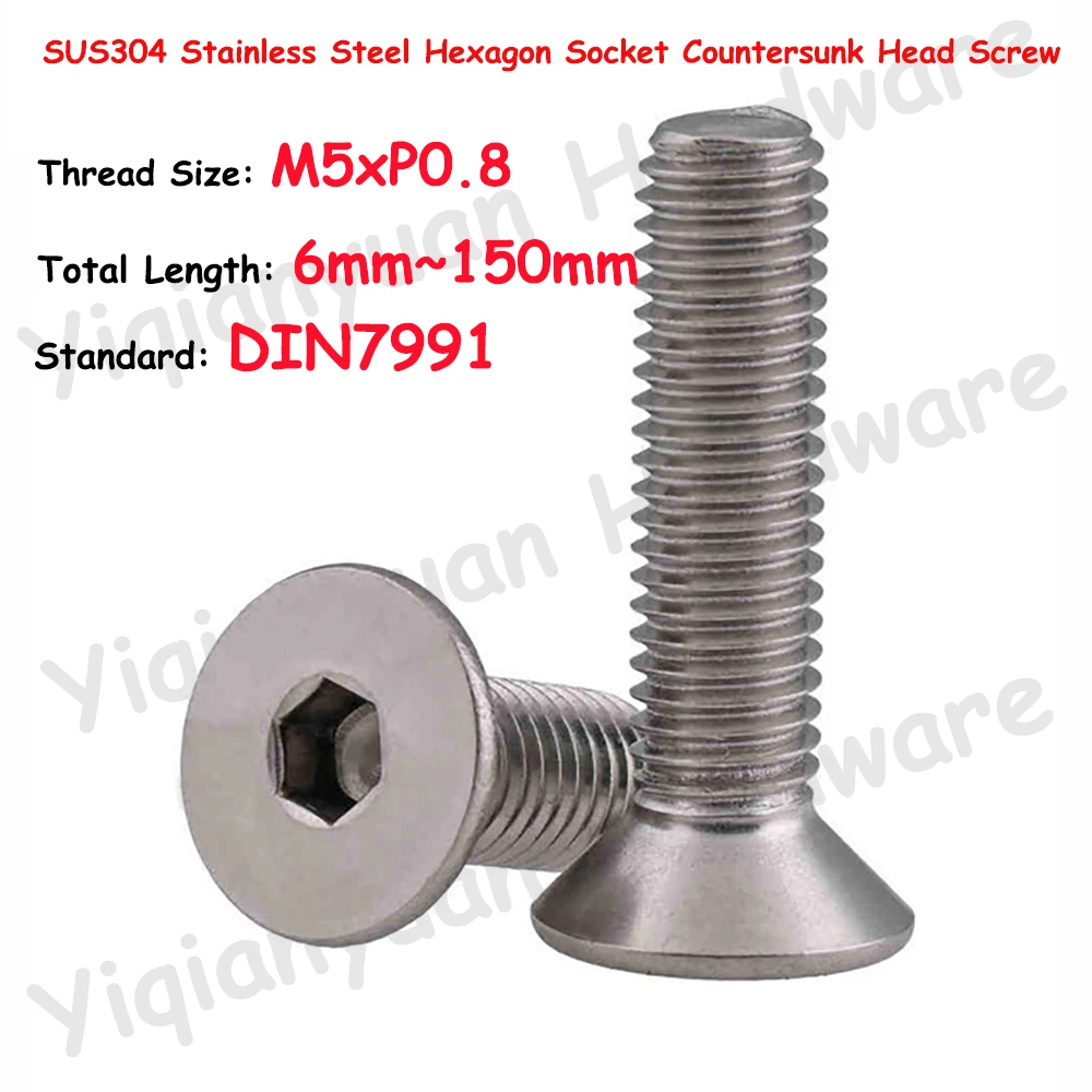 

M5xP0.8 Coarse Thread DIN7991 SUS304 Stainless Steel Hexagon Socket Countersunk Head Screws Allen Key Bolts Flat Hex Screws