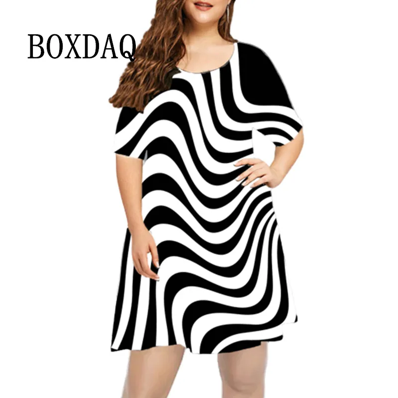 

2022 Big Size Women Dress Summer Striped Print Round Neck Short Sleeve A-Line Dress Fashion Female Plus Size Casual Mini Dresses