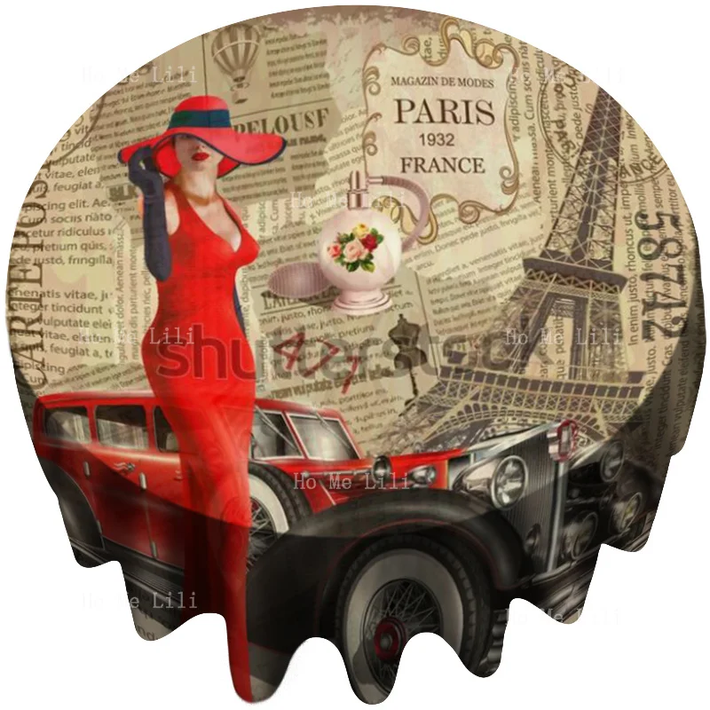 

Paris French Girl Retro On A Red Car Trip In The Eiffel Tower Round Tablecloth By Ho Me Lili For Table Decor