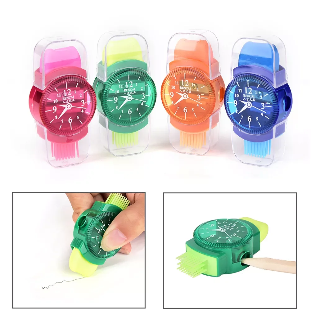

1pc 3 In 1 Lovely Kawaii School Stationery SuppliesMini Novelty Wristwatch Modeling Pencil Sharpener With Eraser And Brush