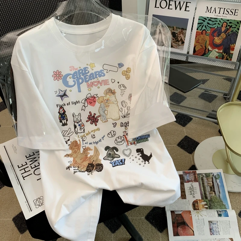 

2023 New Cartoon Print Fashion Loose Women T-shirts Streetwear Summer Mid-length Casual Cotton Top Short Sleeve Graphic T-shirt