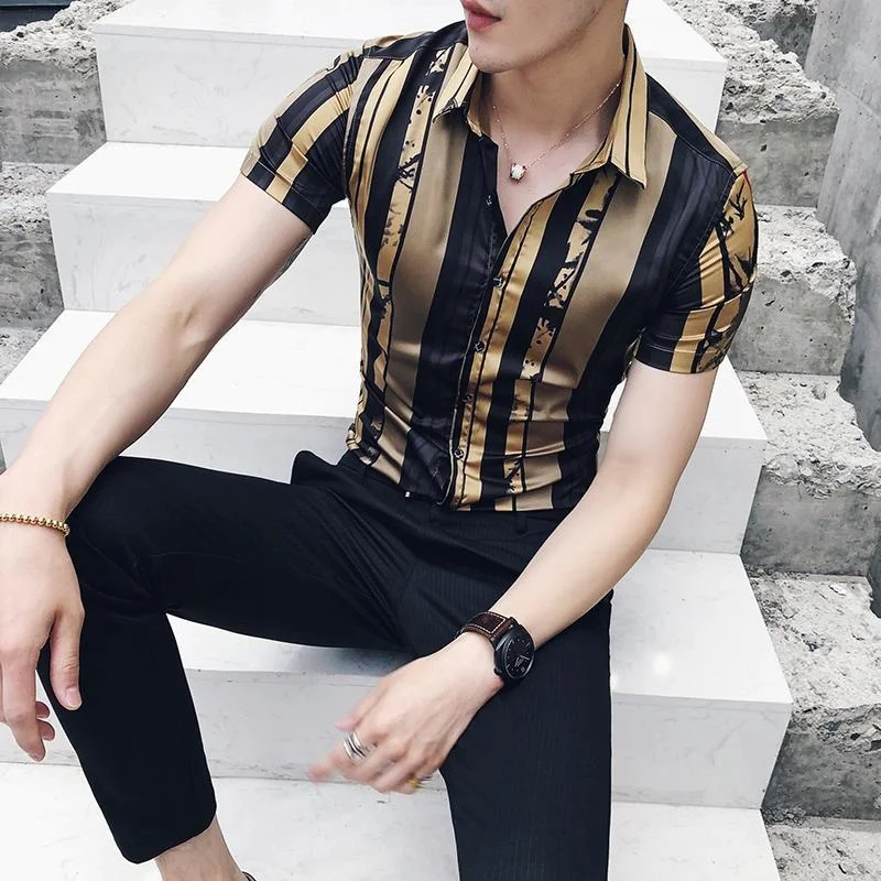 Mens Dress Shirts Gold Black Shirt Summer Short Sleeve Prom Party Stylish Slim For Men