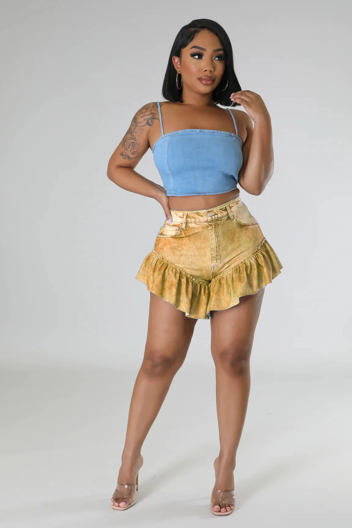 Fashion Fake Denim Ruffles Shorts Casual Printed Fungus Hem Short Pants Summer Streetwear INS Trousers 2023 All Matching bottoms