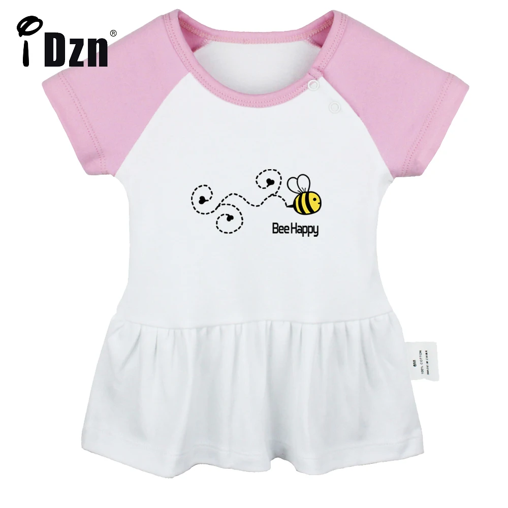 

iDzn Summer NEW Bee Be Happy Baby Girls Cute Short Sleeve Dress Infant Funny Pleated Dress Soft Cotton Dresses Clothes