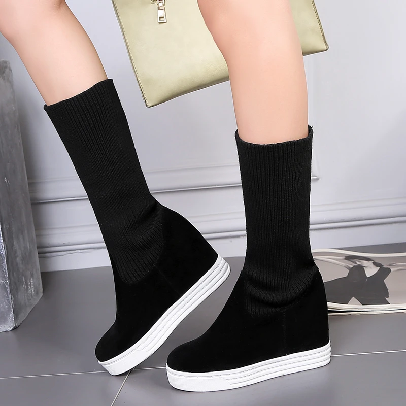 

Elastic Stretch Thigh Sock Boots Women Winter Shoes Fashion Wedge Hidden Heels Mid-calf Boots for Women Black New 2021 Autumn