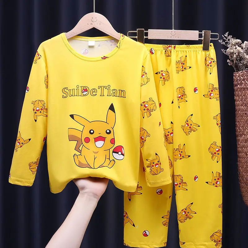 Pokemon Pajmas Anime Pikachu Autumn Cotton Children Pyjamas for Boys and Girls Sets Kids Home Wear Travel Casual Sleepwear Suit