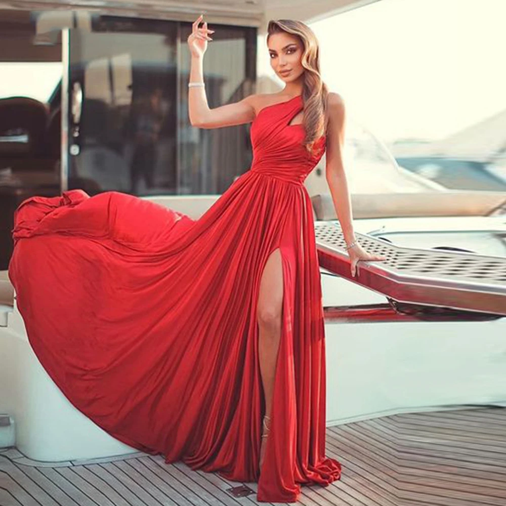 

GUXQD Fashion Red Chiffon One Shoulder Sexy Side Slit Evening Party Dresses A-line Dubai Formal Prom Gowns Sukienka Wieczorowa
