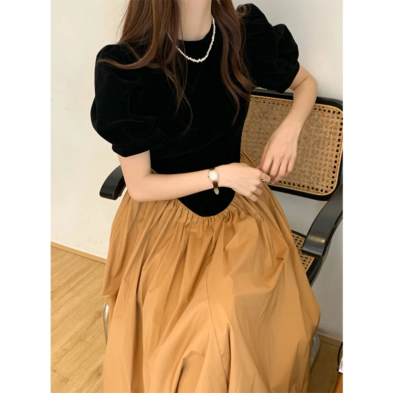 Women's Dress Casual Elegant Retro Korean Khaki Black Round Puff Short Sleeve Irregular Patchwork Dress Lady Maxi Vestido Mujer