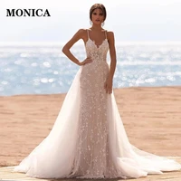 monica sexy wedding dress v neck spaghetti straps appliqu%c3%a9s slim open back new tulle summer beach bridal dress vestido de novia