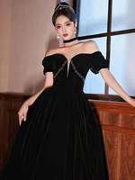 elegant black prom dress new slim a line luxury off the shoulder boat neck lace up backless velvet party celebrity evening gown